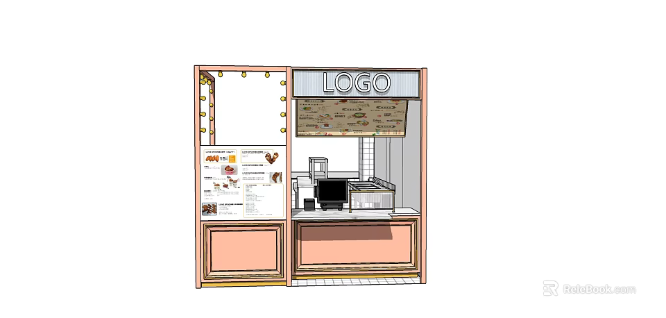Small Restaurant Kiosk Design With Logo Display Menu Board Order Counter And String Lights 3d model 