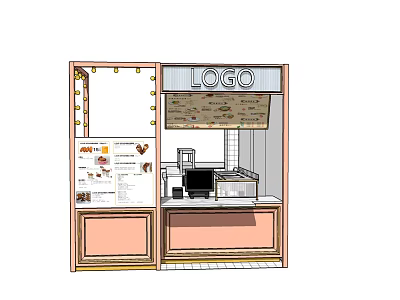 Small Restaurant Kiosk Design With Logo Display Menu Board Order Counter And String Lights 3d model