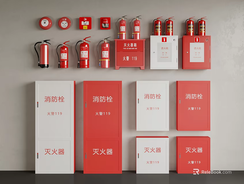 Wall Mounted Fire Equipment Including Red And White Fire Extinguishers And Cabinets 3d model