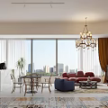 Modern Living Room Interior With Large Windows City View Chandelier Colorful Sofas And Area Rugs