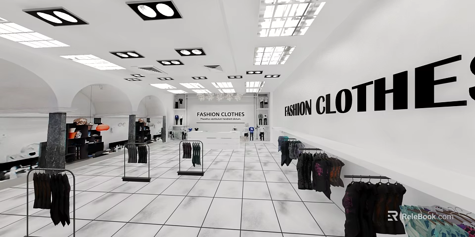 Fashion Clothing Store Interior With Clothing Displays Hanging Racks Tile Flooring And Ceiling Lights 3d model 