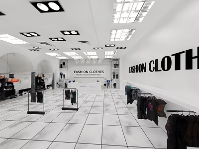 Fashion Clothing Store Interior With Clothing Displays Hanging Racks Tile Flooring And Ceiling Lights 3d model