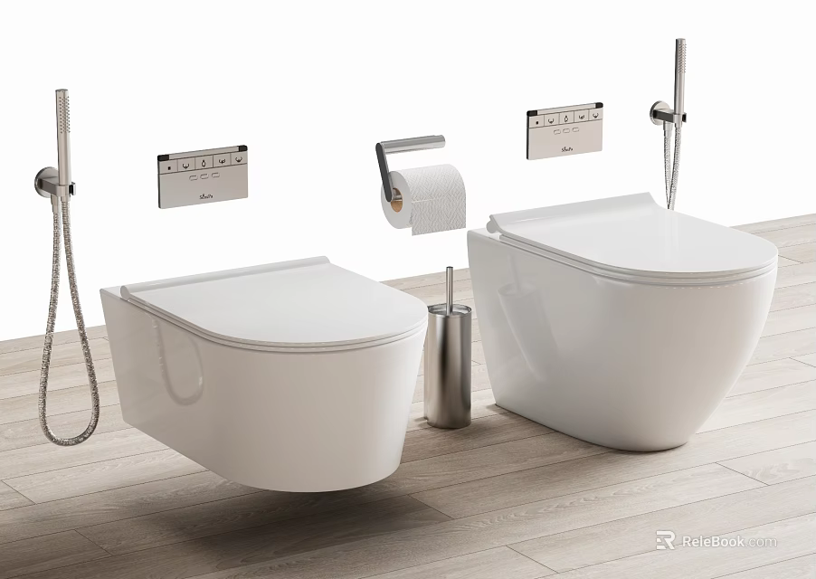 Two White Wall Hung Toilets With Toilet Paper Holder And Brush In Modern Bathroom Interior 3d model 