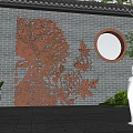 Chinese Courtyard Carved Wall Art with Circular Window and Parent Child Pointing Near Green Plants