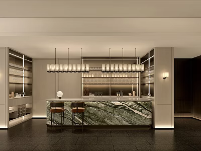 Modern Restaurant Interior Design With Marble Bar Counter Pendant Lights And Bar Stools 3d model