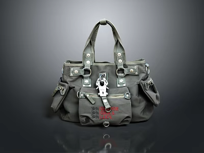 Gray Handbag Design With Multiple Pockets Metal Buckles And Red Accents 3d model