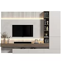 Modern TV Background Wall With Wooden Panel Led Lights TV Stand And Bookshelf