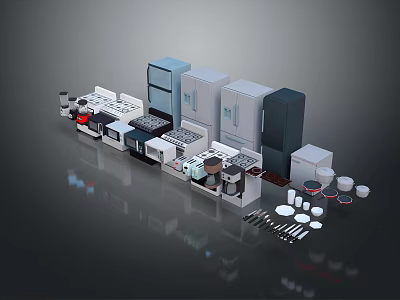 Various Modern Kitchen Appliances Arranged In Display With Tools Utensils And Containers 3d model
