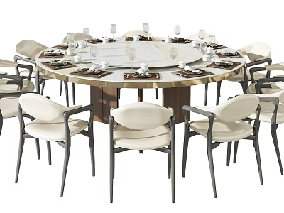 Round Dining Table Set With White Chairs And Marble Tabletop With Wine Glasses And Plates 3d model