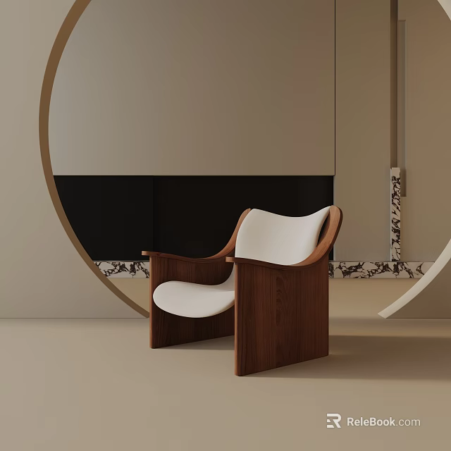 Modern Accent Chair with Walnut Wooden Frame and White Cushion in Minimalist Interior with Circular Decor and Marble Accents 3d model 