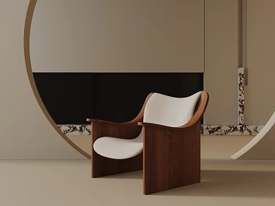 Modern Accent Chair with Walnut Wooden Frame and White Cushion in Minimalist Interior with Circular Decor and Marble Accents 3d model