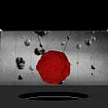 Red Sculpture Ball Hanging in Modern Art Gallery With Black Fragments Ripple Ceiling and Reflective Floor