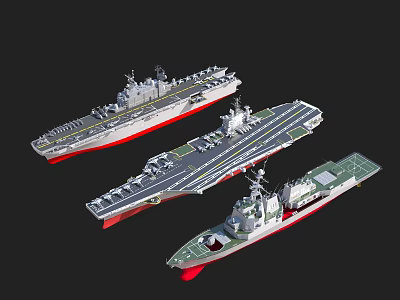 Warship Models Featuring Three Vessels Including Aircraft Carrier And Destroyer With Detailed Designs 3d model