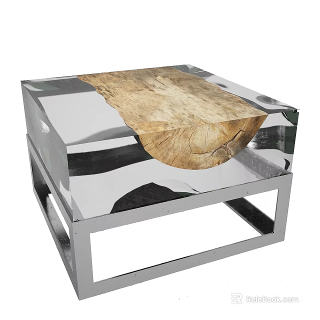 Modern Transparent Acrylic Coffee Table With Natural Wood Slab Top And Metal Frame 3d model 