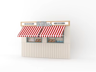 Red and White Striped Awning of Coolers Ice Cream Shop With Sign and Display Windows 3d model