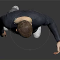 Man wearing dark blue long sleeve shirt gray pants white shoes with right hand extended