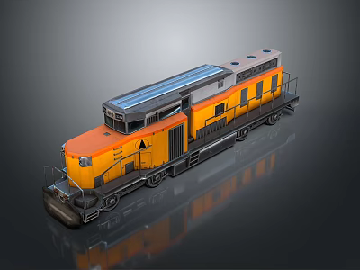 3D Rendered Orange and Yellow Train Locomotive with Black Rails and Reflective Surface 3d model