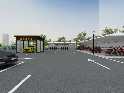 Electric Vehicle Carport Canopy in Parking Lot with Multiple Vehicles Parked 3d model