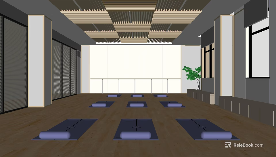 Bright Spacious Yoga Fitness Studio With Wooden Floor Arranged Yoga Mats And Green Plant 3d model 