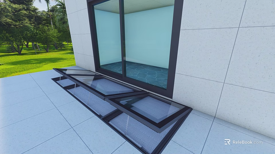 Detached Villa Exterior Design With Large Glass Windows Open Terrace And Green Lawn 3d model 