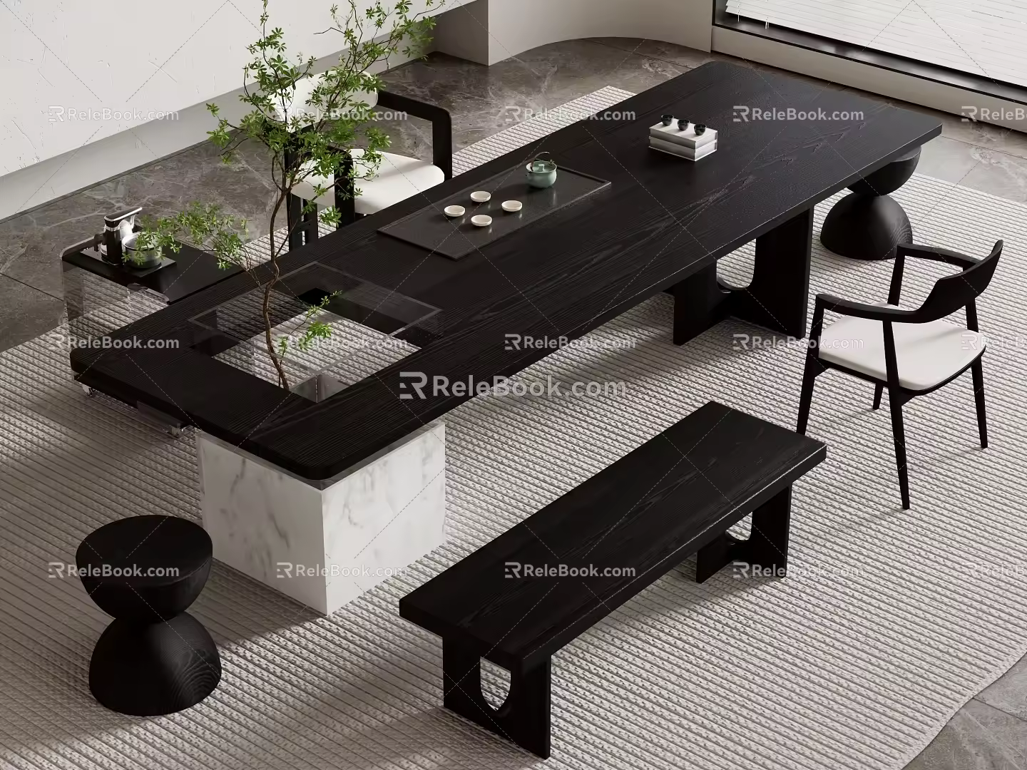 -Ji Feng Big Board Table Tea Table and Chair Combination Tea Table Tea Table 3d model