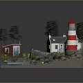 Cartoon Scene Featuring Red White Lighthouse Small House Blue Boat Trees Rocks And Water Area