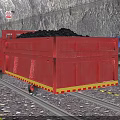 Red Industrial Equipment Vehicle Transporting Coal On Rail Track In Tunnel With Blue Pipeline