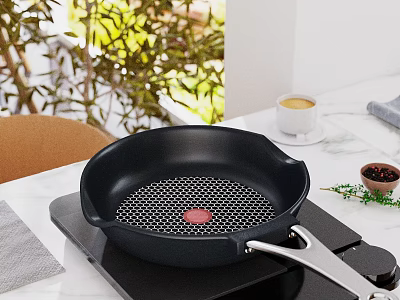 Kitchen Island With Marble Countertop Frying Pan Induction Cooktop Coffee And Green Plants 3d model