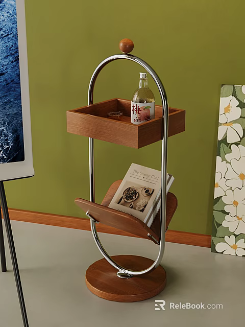 Modern Wooden Storage Shelf with Metal Frame holding Peach Bottle and Magazine on Green Wall 3d model 