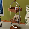 Modern Wooden Storage Shelf with Metal Frame holding Peach Bottle and Magazine on Green Wall