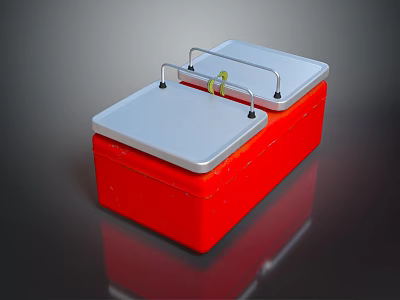 Commercial Equipment Red Box With White Lid Metal Handles And Yellow Lock 3d model