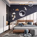 Kids Room Interior with Starry Sky Theme Astronaut Moon Pendant Lights Bed Desk and Toys