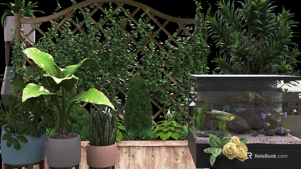 Lush Bonsai Potted Plants with Green Leaves and Wooden Trellis Near Fish Tank 3d model 