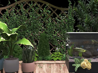 Lush Bonsai Potted Plants with Green Leaves and Wooden Trellis Near Fish Tank 3d model