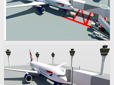 Passenger Airplane Parked at Airport Gate with Jet Bridge and Ground Support Vehicles 3d model