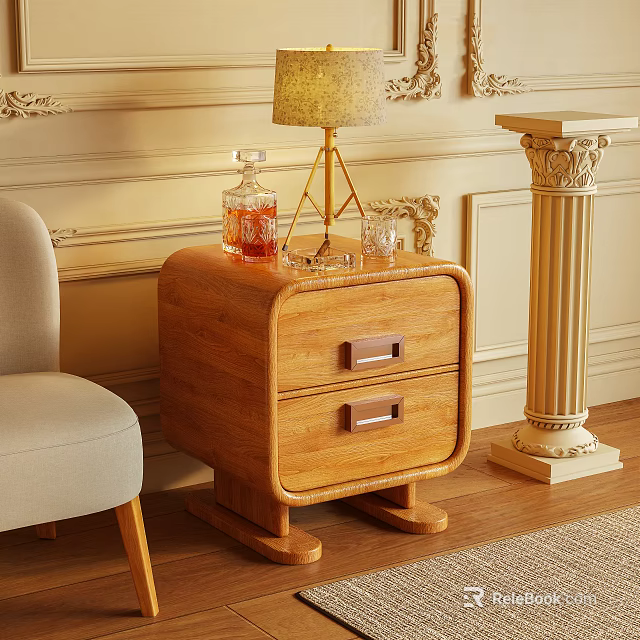 Wooden Nightstand With Two Drawers Lamp Decanter And Glass Cups Near Decorative Wall And Chair 3d model 
