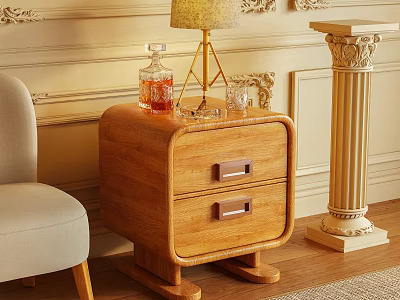 Wooden Nightstand With Two Drawers Lamp Decanter And Glass Cups Near Decorative Wall And Chair 3d model