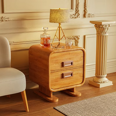Wooden Nightstand With Two Drawers Lamp Decanter And Glass Cups Near Decorative Wall And Chair 3d model