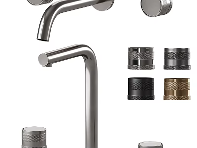 Contemporary Brushed Metal Faucet Design With Various Colored Knobs And Handles 3d model