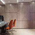 Music Studio Interior Featuring Audio Console Orange Chairs Jazz Posters Brown Sofa And Wooden Floor