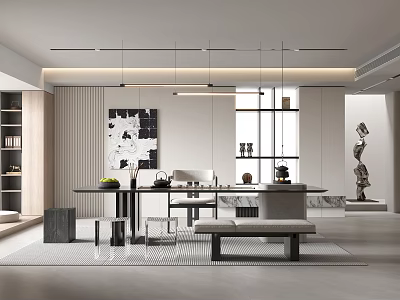 Elegant Modern Tea Room Interior With Marble Tea Table And Decorative Artworks 3d model