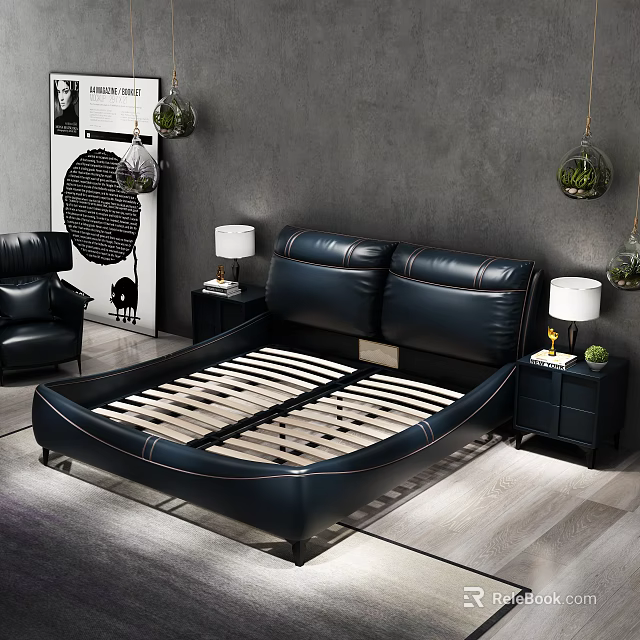 Black Leather Double Bed With Upholstered Headboard Wooden Slat Base Nightstands And Table Lamps 3d model 