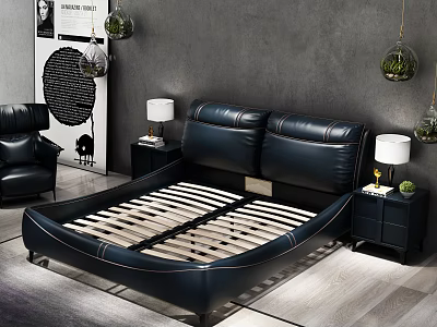 Black Leather Double Bed With Upholstered Headboard Wooden Slat Base Nightstands And Table Lamps 3d model