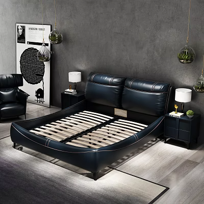 Black Leather Double Bed With Upholstered Headboard Wooden Slat Base Nightstands And Table Lamps 3d model