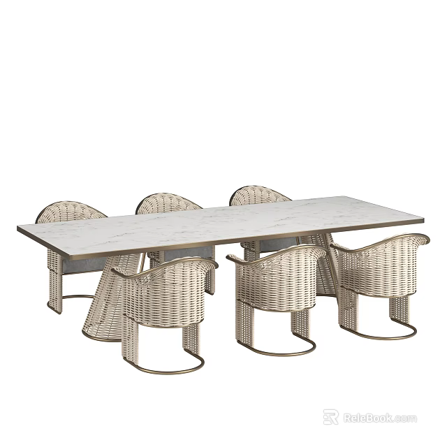 Modern Six Piece Dining Table Set With Marble Tabletop And Rattan Chairs 3d model 