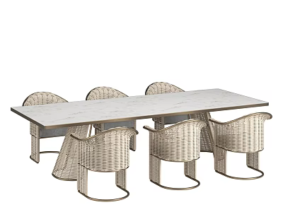 Modern Six Piece Dining Table Set With Marble Tabletop And Rattan Chairs 3d model