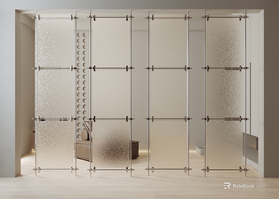 Modern Frosted Glass Panels Partition With Metal Frame Connectors For Interior Space Dividing 3d model 