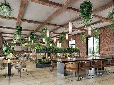 Open Space Restaurant With Wooden Ceiling Hanging Green Plants Pendant Lights And Red Brick Walls 3d model