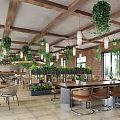 Open Space Restaurant With Wooden Ceiling Hanging Green Plants Pendant Lights And Red Brick Walls