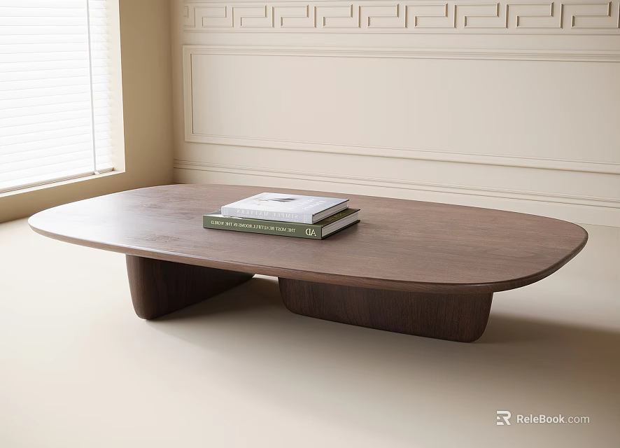 Oval Wooden Coffee Table With Two Books In Room With Window And Wall Molding 3d model 